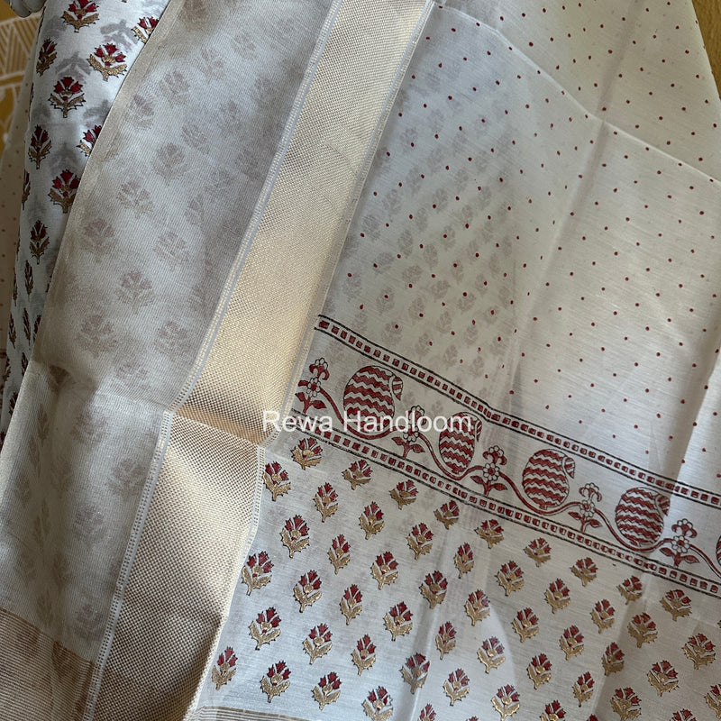 Maheshwari White Handblock Print Top-Dupatta HBS0191