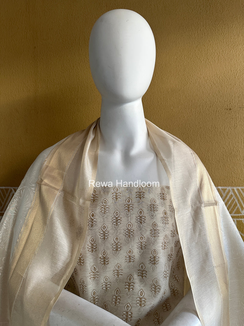 Maheshwari White Handblock Print Top-Dupatta HBS0192