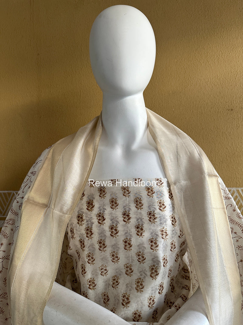 Maheshwari White Handblock Print Top-Dupatta HBS0196