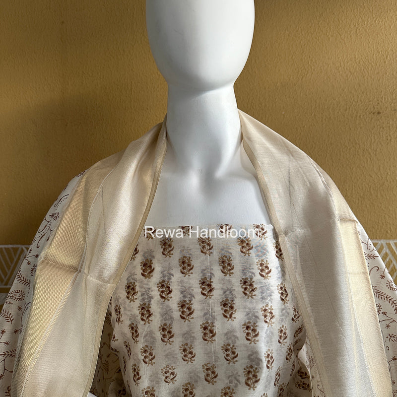 Maheshwari White Handblock Print Top-Dupatta HBS0196