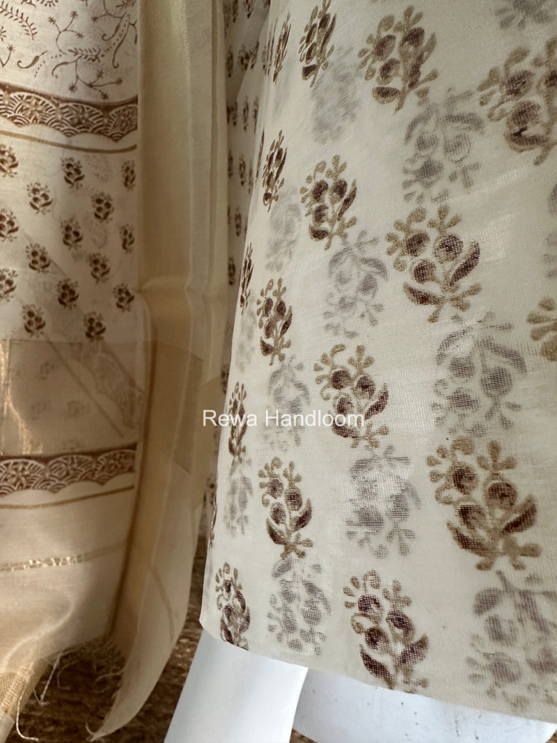 Maheshwari White Handblock Print Top-Dupatta HBS0196
