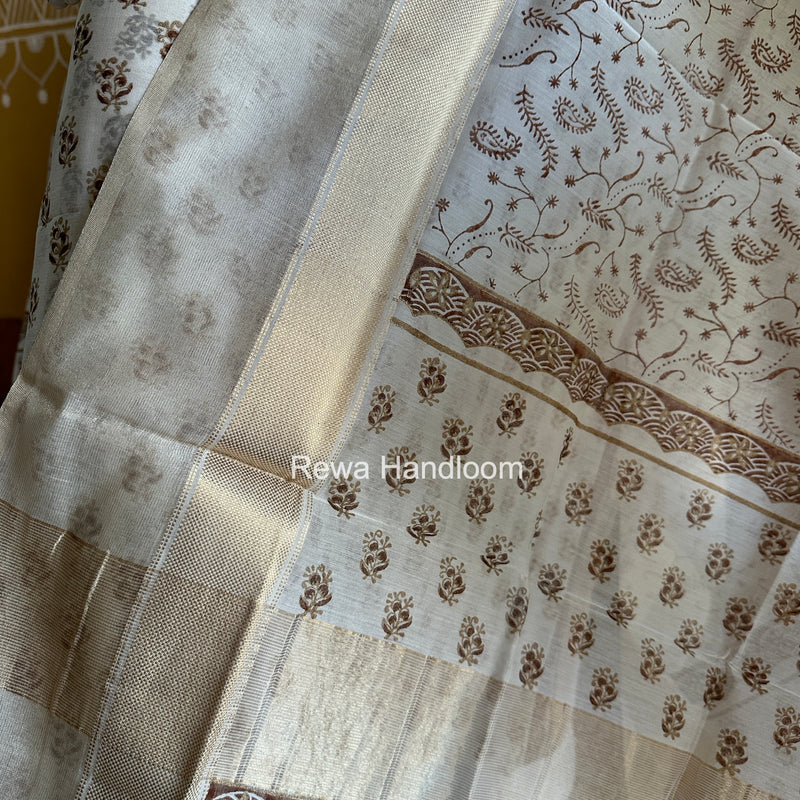 Maheshwari White Handblock Print Top-Dupatta HBS0196
