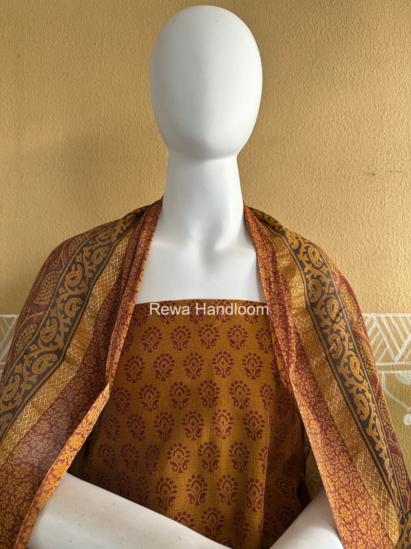 Maheshwari Mustard Yellow-Maroon Bagh Print Tissue Suit BTS010