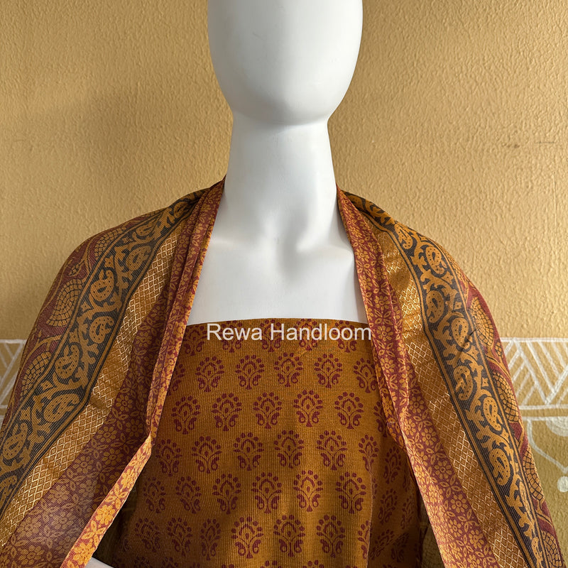 Maheshwari Mustard Yellow-Maroon Bagh Print Tissue Suit BTS010