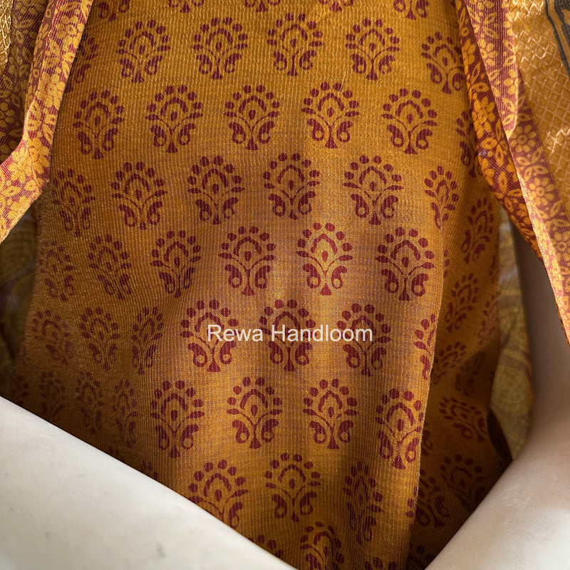 Maheshwari Mustard Yellow-Maroon Bagh Print Tissue Suit BTS010