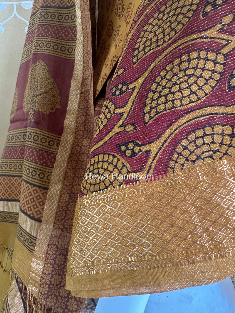 Maheshwari Mustard Yellow-Maroon Bagh Print Tissue Suit BTS010