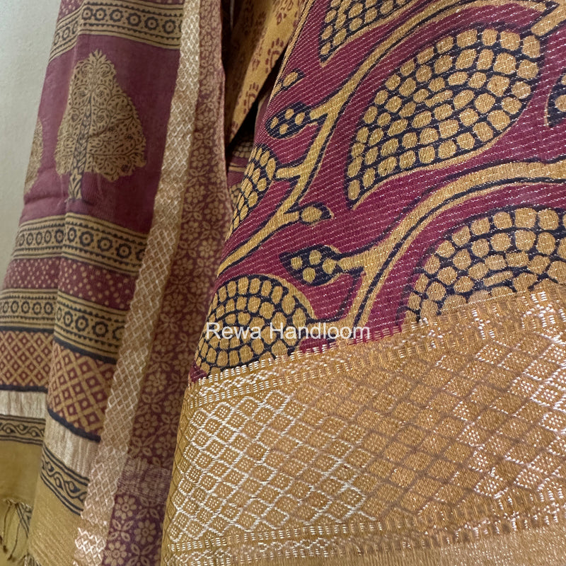 Maheshwari Mustard Yellow-Maroon Bagh Print Tissue Suit BTS010