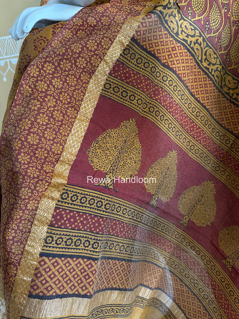 Maheshwari Mustard Yellow-Maroon Bagh Print Tissue Suit BTS010
