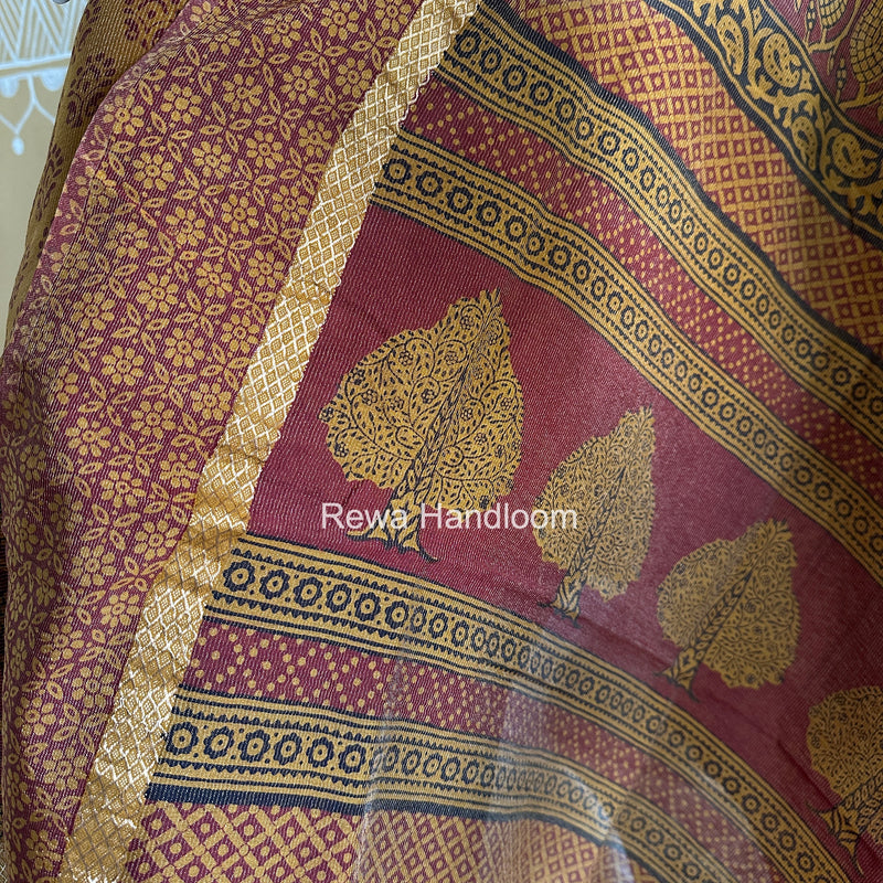 Maheshwari Mustard Yellow-Maroon Bagh Print Tissue Suit BTS010