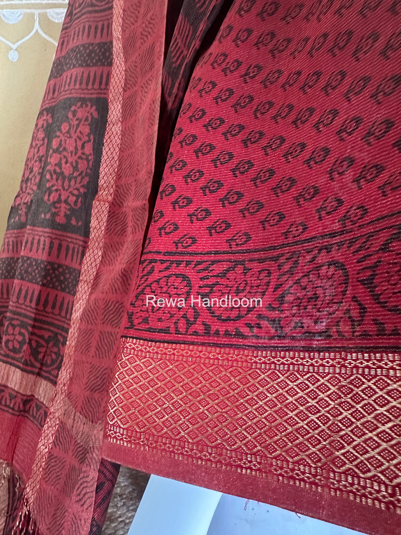 Maheshwari Black-Red Bagh Print Tissue Suit BTS08