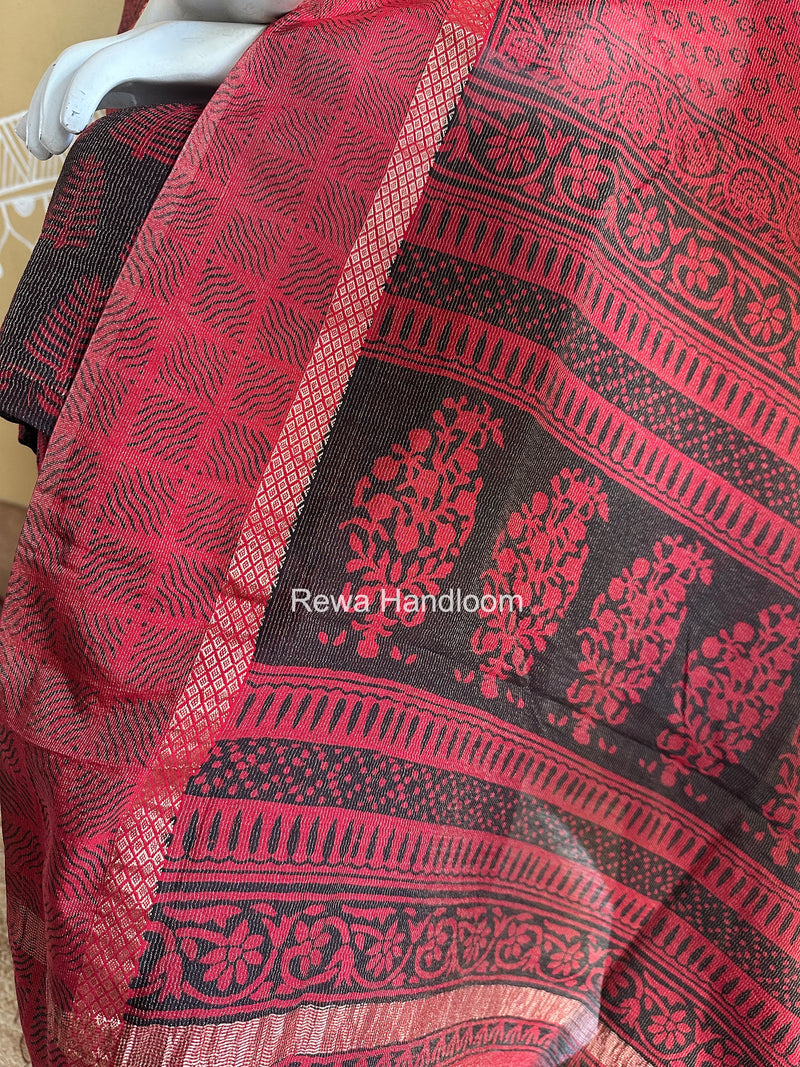 Maheshwari Black-Red Bagh Print Tissue Suit BTS08