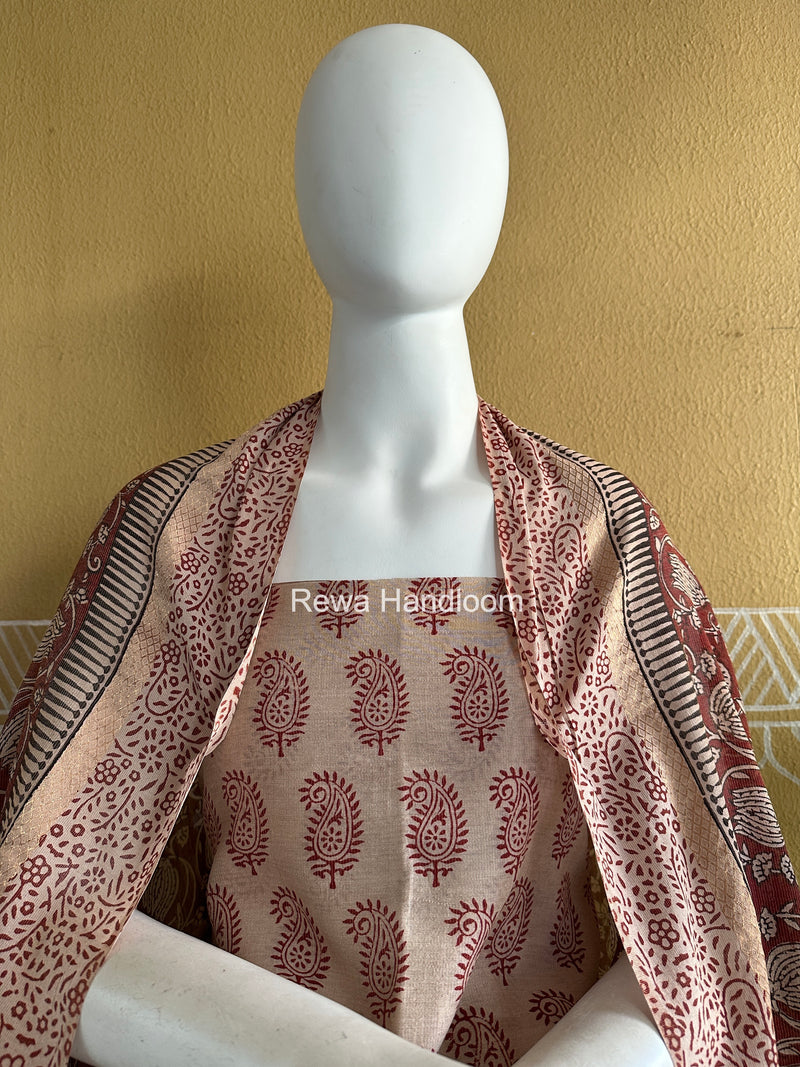 Maheshwari Off White-Red Bagh Print Tissue Suit BTS01