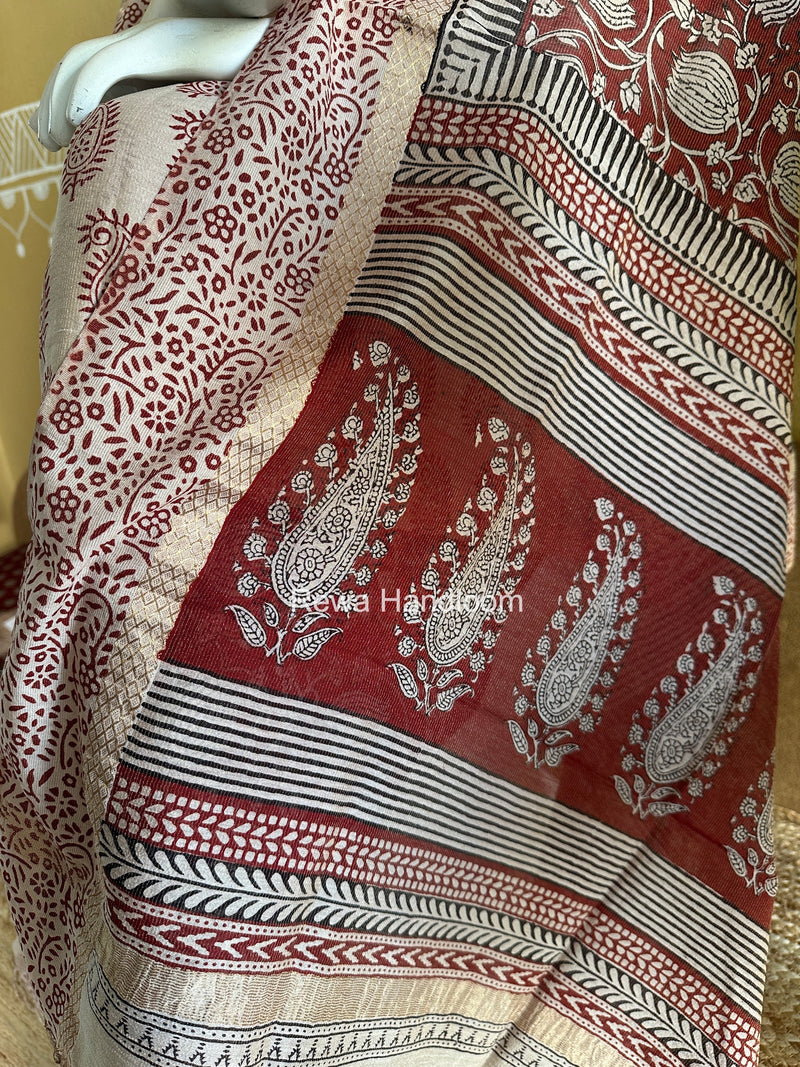 Maheshwari Off White-Red Bagh Print Tissue Suit BTS01