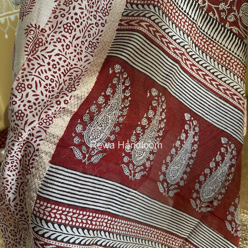 Maheshwari Off White-Red Bagh Print Tissue Suit BTS01
