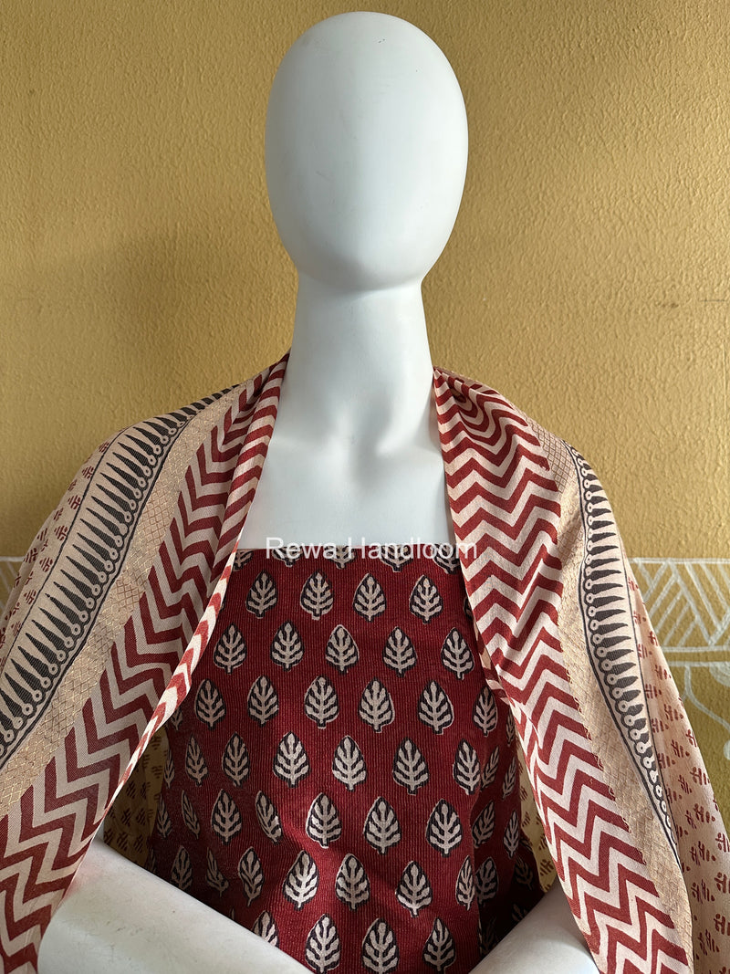 Maheshwari Maroon-White Bagh Print Tissue Suit BTS016