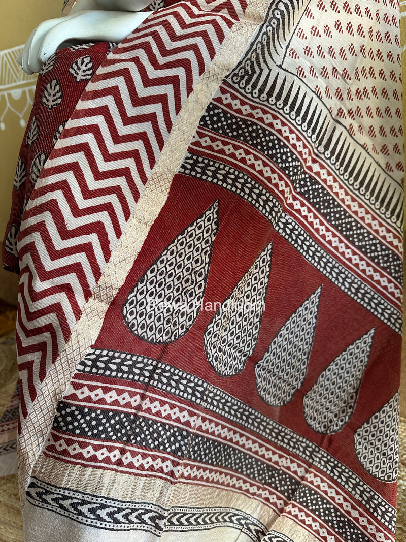 Maheshwari Maroon-White Bagh Print Tissue Suit BTS016