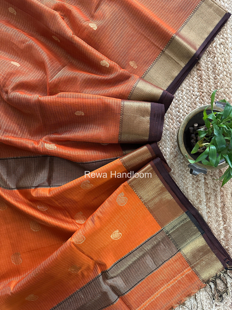 Maheshwari Rust Orange Tissue Butti Saree TKBS07