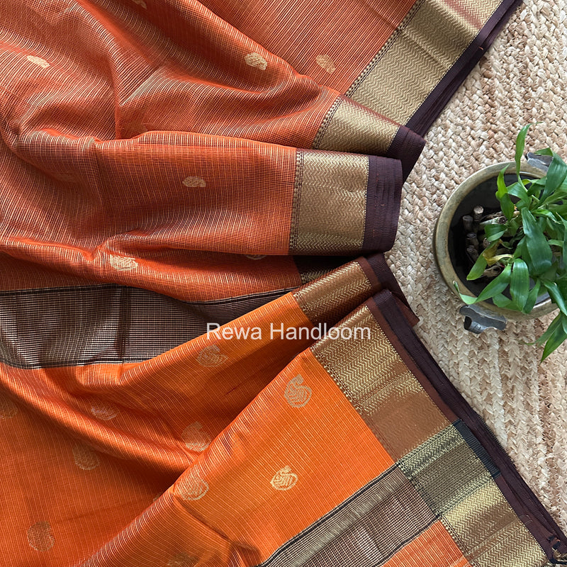 Maheshwari Rust Orange Tissue Butti Saree TKBS07