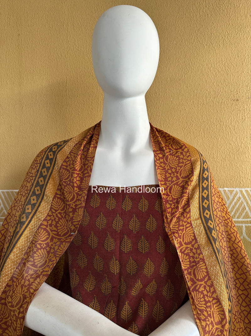 Maheshwari Maroon-Mustard Yellow Bagh Print Tissue Suit BTS012