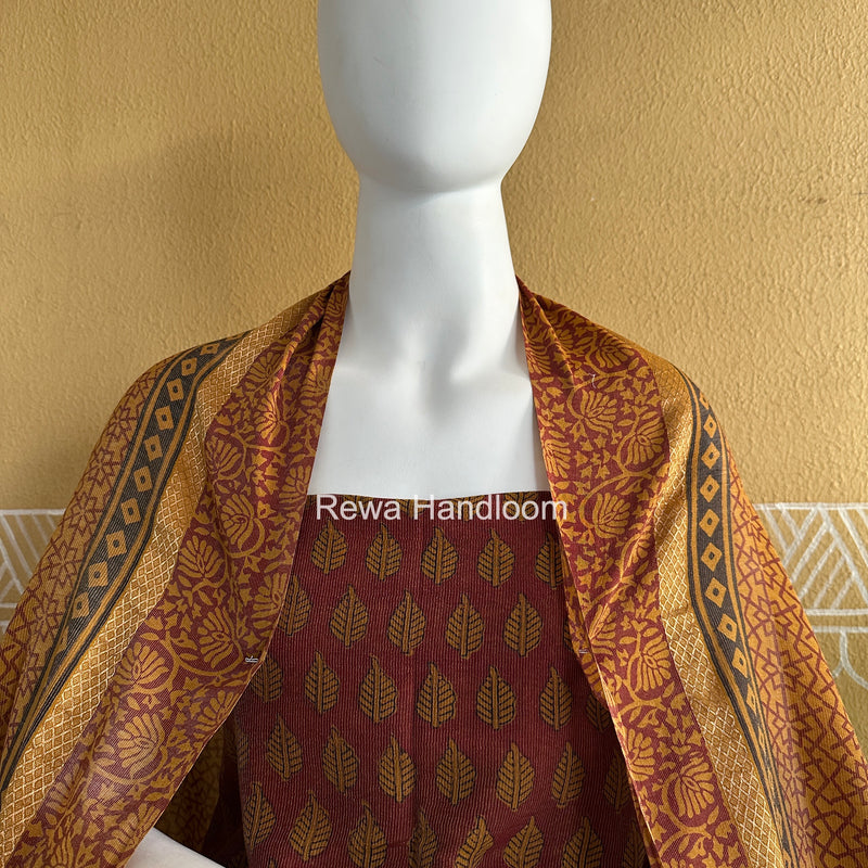 Maheshwari Maroon-Mustard Yellow Bagh Print Tissue Suit BTS012
