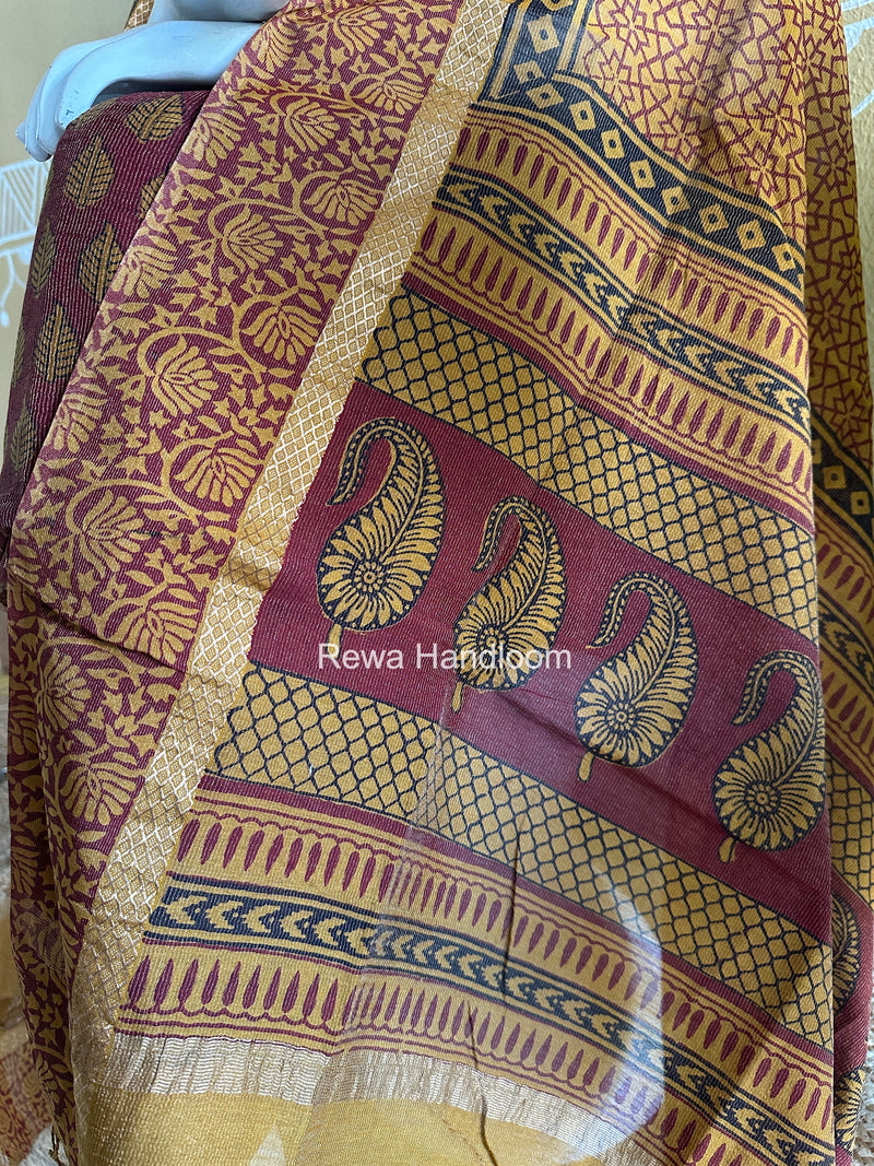 Maheshwari Maroon-Mustard Yellow Bagh Print Tissue Suit BTS012