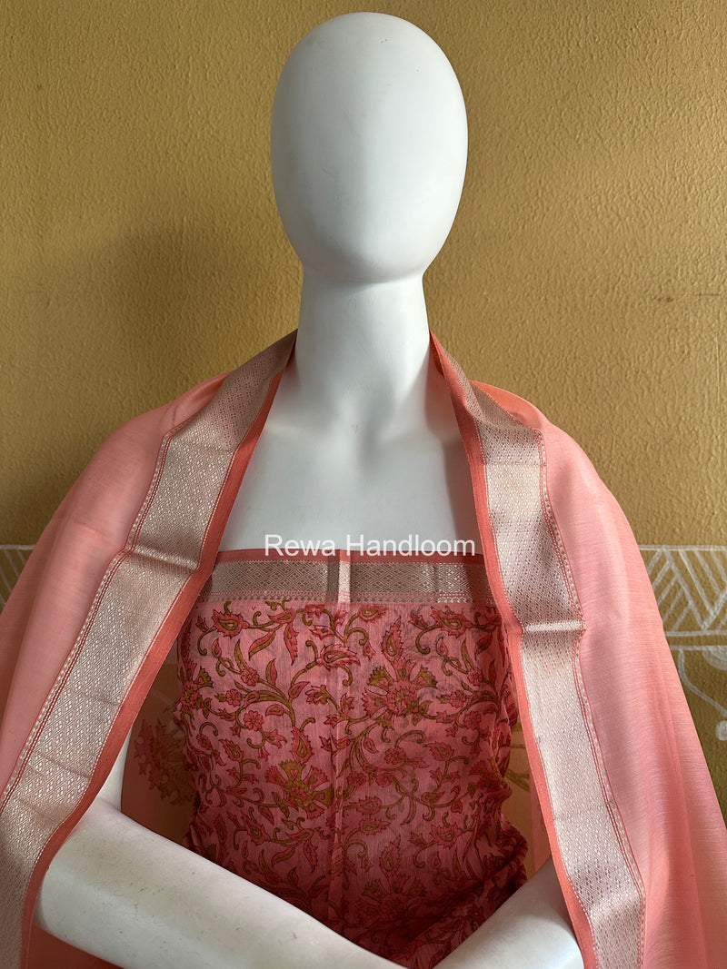 Maheshwari Pink Handblock Print Top-Dupatta Set HBPS01
