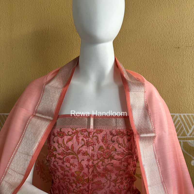 Maheshwari Pink Handblock Print Top-Dupatta Set HBPS01