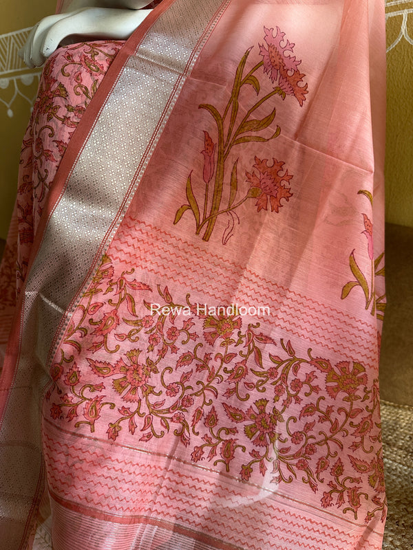 Maheshwari Pink Handblock Print Top-Dupatta Set HBPS01