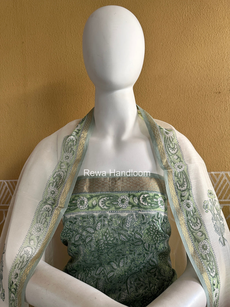 Maheshwari Green Handblock Print Top-Dupatta Set HBPS03