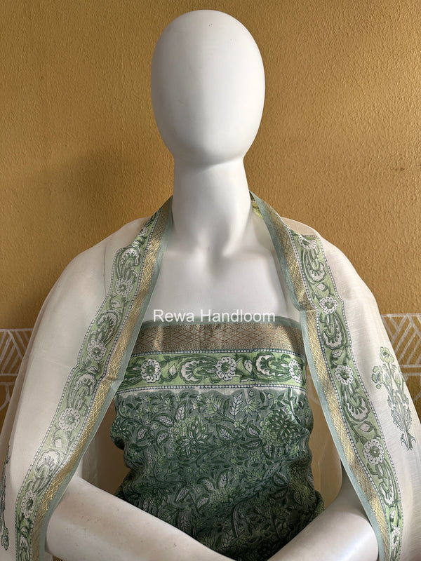 Maheshwari Green Handblock Print Top-Dupatta Set HBPS03