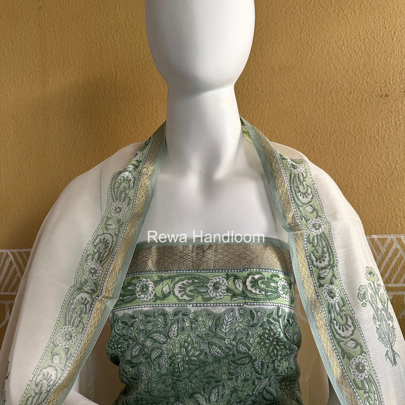 Maheshwari Green Handblock Print Top-Dupatta Set HBPS03