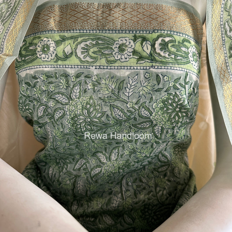 Maheshwari Green Handblock Print Top-Dupatta Set HBPS03