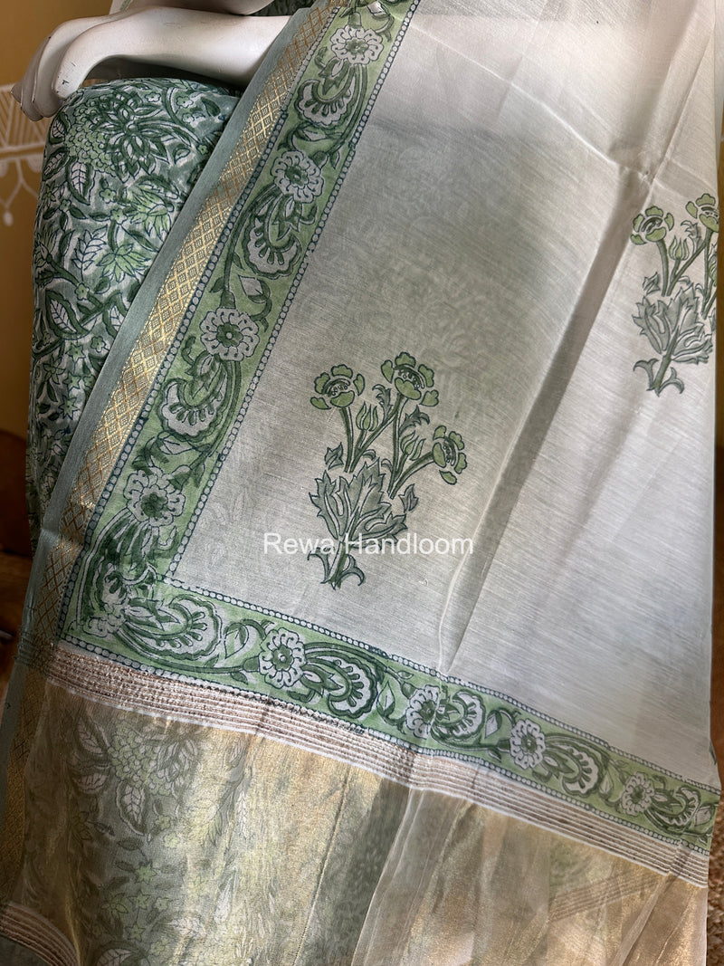 Maheshwari Green Handblock Print Top-Dupatta Set HBPS03