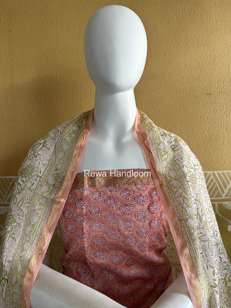 Maheshwari Pink Handblock Print Top-Dupatta Set HBPS05