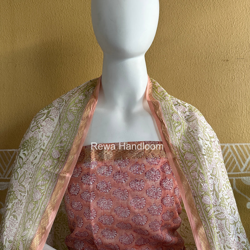 Maheshwari Pink Handblock Print Top-Dupatta Set HBPS05
