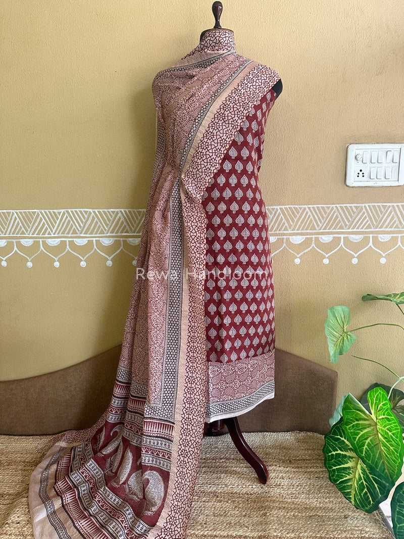 Maheshwari Red-White Bagh Print Tissue Suit BTS015