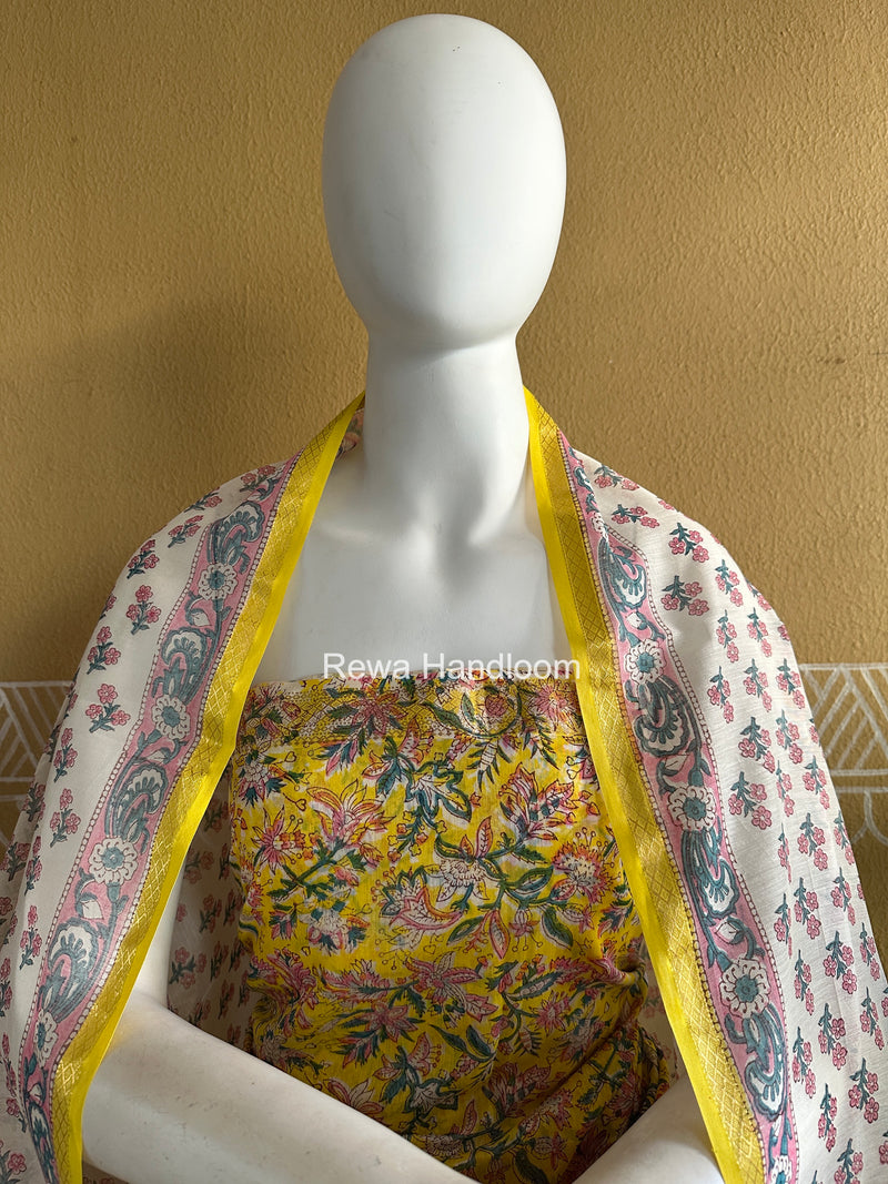 Maheshwari Yellow Handblock Print Top-Dupatta Set HBPS04