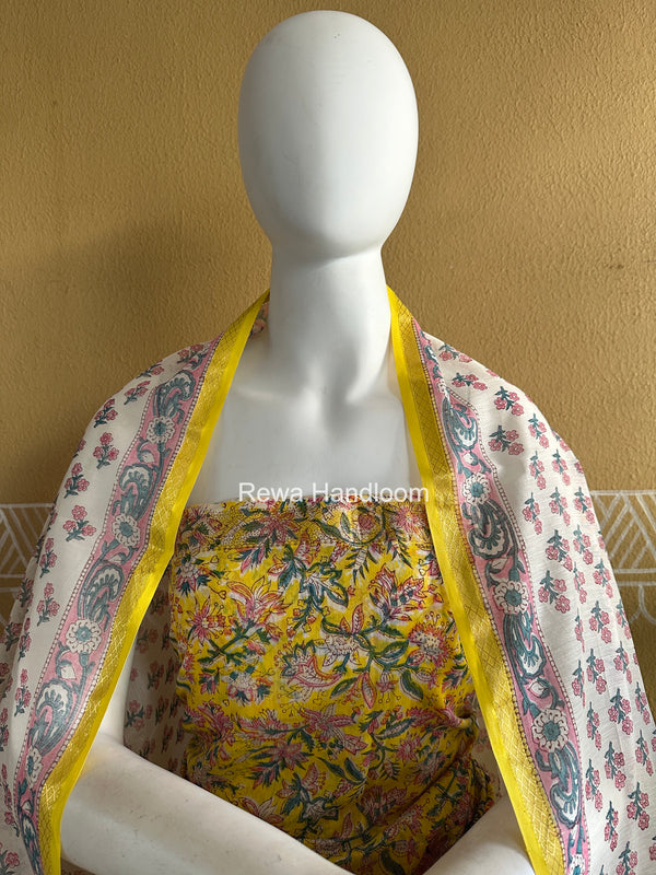 Maheshwari Yellow Handblock Print Top-Dupatta Set HBPS04
