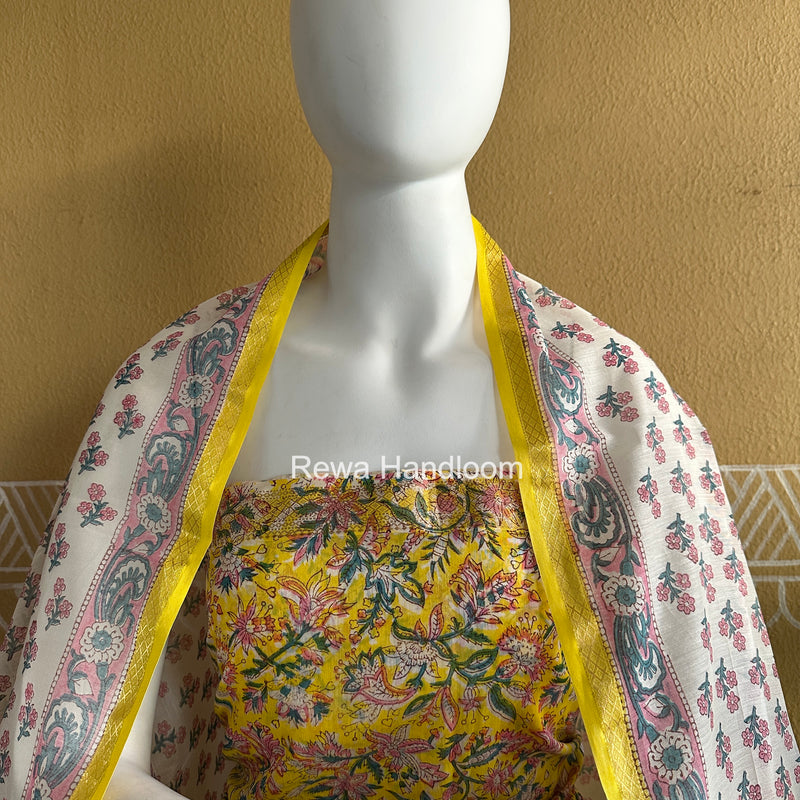 Maheshwari Yellow Handblock Print Top-Dupatta Set HBPS04