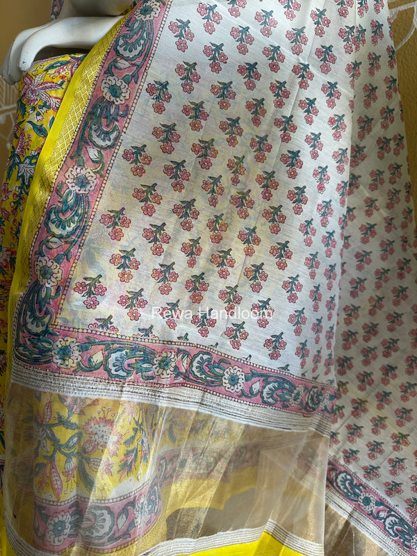 Maheshwari Yellow Handblock Print Top-Dupatta Set HBPS04