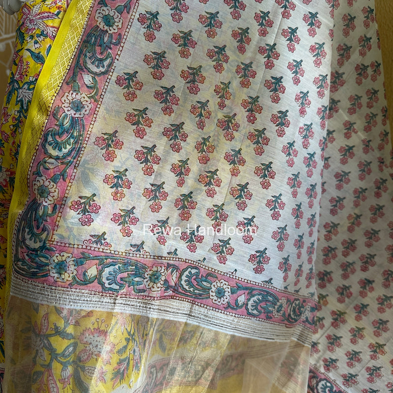 Maheshwari Yellow Handblock Print Top-Dupatta Set HBPS04