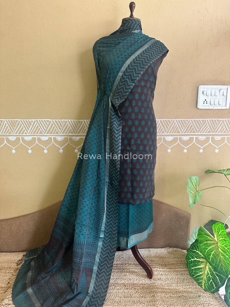 Maheshwari Brown-Teal Green Bagh Print Tissue Suit BTS014