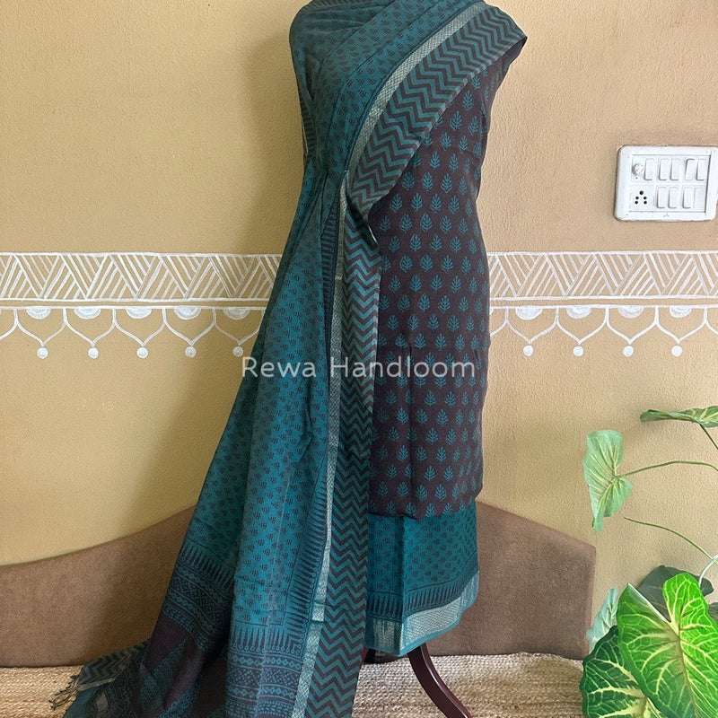 Maheshwari Brown-Teal Green Bagh Print Tissue Suit BTS014