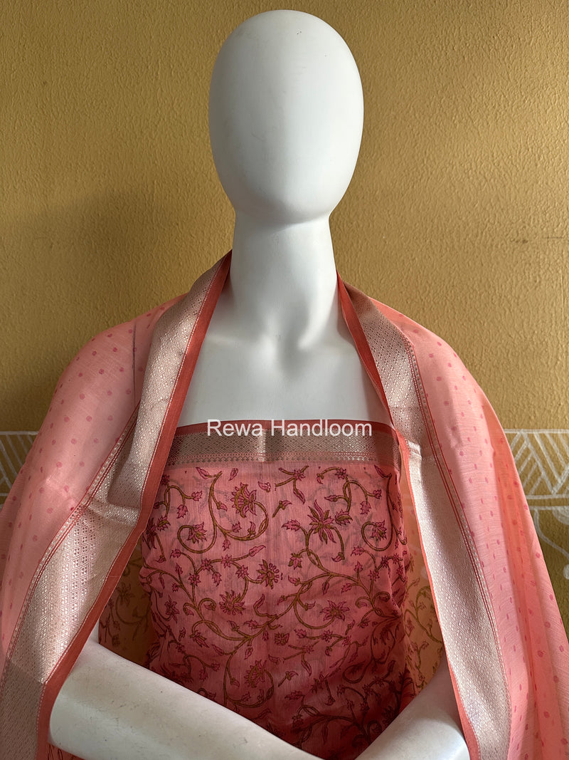 Maheshwari Pink Handblock Print Top-Dupatta Set HBPS02