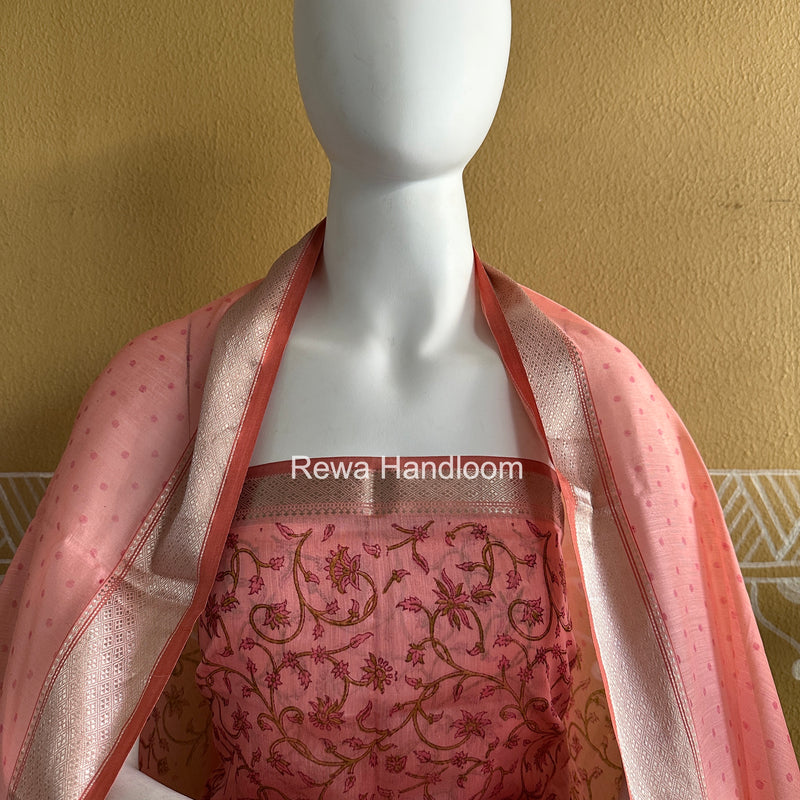 Maheshwari Pink Handblock Print Top-Dupatta Set HBPS02
