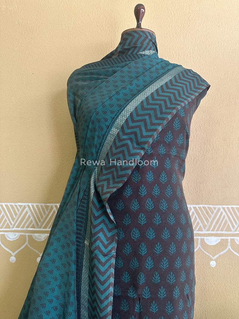 Maheshwari Brown-Teal Green Bagh Print Tissue Suit BTS014