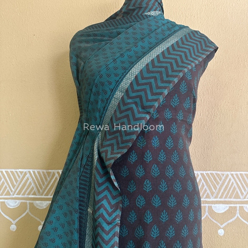 Maheshwari Brown-Teal Green Bagh Print Tissue Suit BTS014