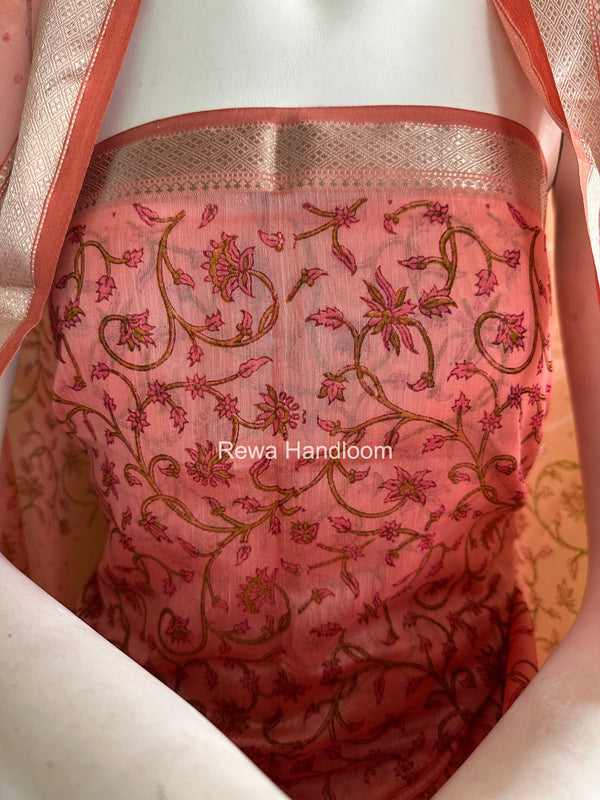 Maheshwari Pink Handblock Print Top-Dupatta Set HBPS02