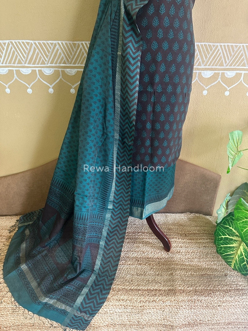 Maheshwari Brown-Teal Green Bagh Print Tissue Suit BTS014