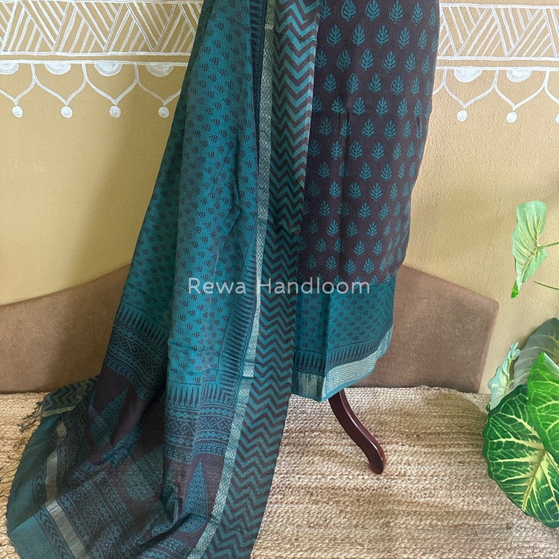 Maheshwari Brown-Teal Green Bagh Print Tissue Suit BTS014